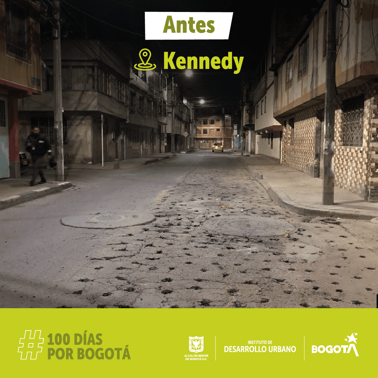 Fotografía de una calle en la localidad de Kennedy antes de su reparación