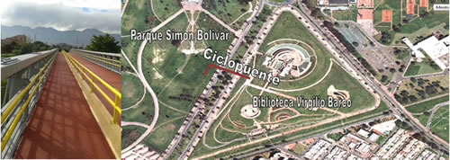 Ciclo puente peatonal frente a la biblioteca Virgilio Barco y el parque Simón Bolívar