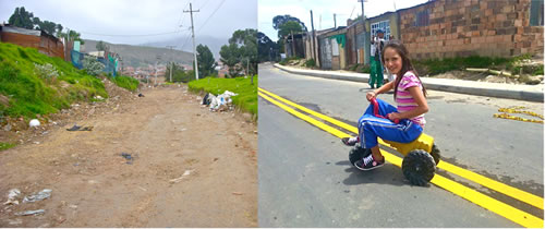Imágenes antes y después, de la vía en Chiguaza en el sur-oriente de la ciudad, donde se realizó la intervención