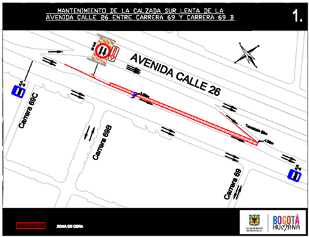 Mapa 1. Cierre Parcial de la Calzada lenta sur de la Avenida Calle 26 entre Carrera  69 y Carrera 69B. Cierre Carril Rápido.