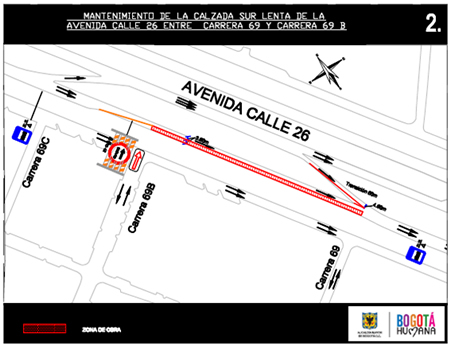 Mapa 1. Cierre Parcial de la Calzada lenta sur de la Avenida Calle 26 entre Carrera  69 y Carrera 69B. Cierre Carril Rápido.