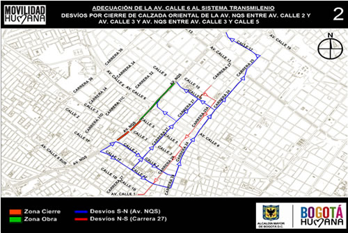 Mapa 2. Desvíos vehiculares al norte y Sur Avenida NQS. Fuente SDM 2014