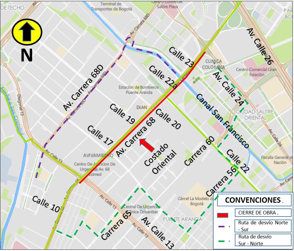 Mapa de cierres progresivo en la avenida 68 entre calles 12A y 24